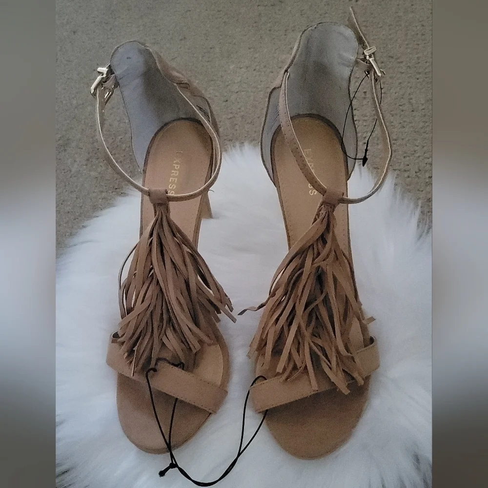 Express Fringe Strappy Heeled Suede Sandals